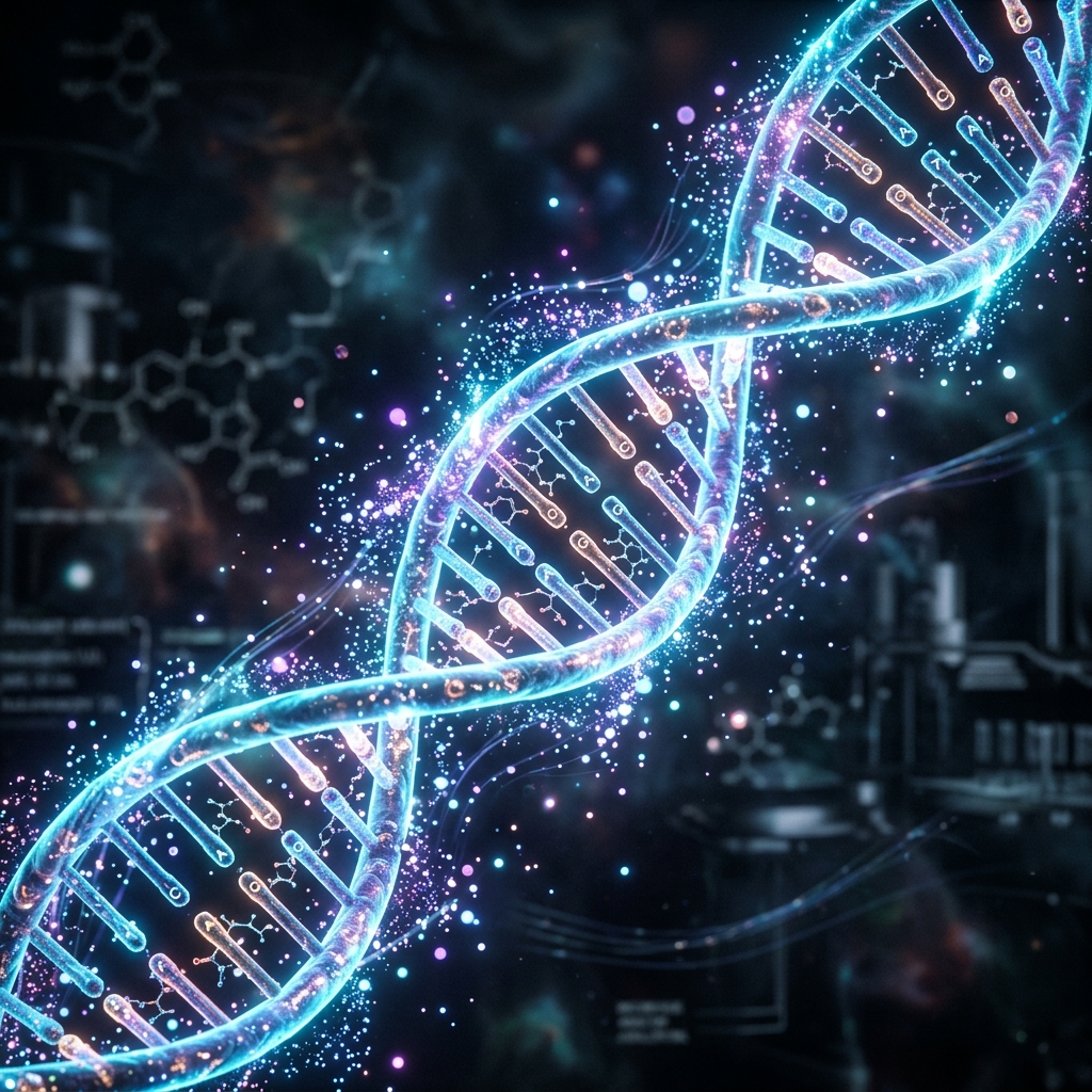 A glowing 3D render of a DNA double helix
